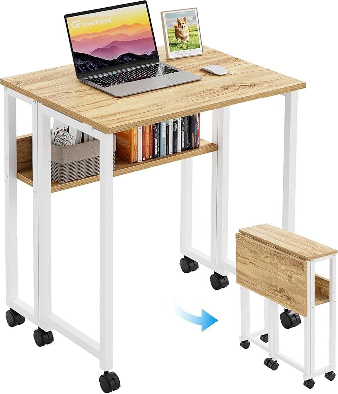 GreenForest Folding Desk with Wheels, 24.8" Rolling Table for Small Spaces | Storage Shelf, Lockable Casters, Compact Portable Workstation, Space-Saving Foldable Sofa Table, Home Office, Mobile, Oak