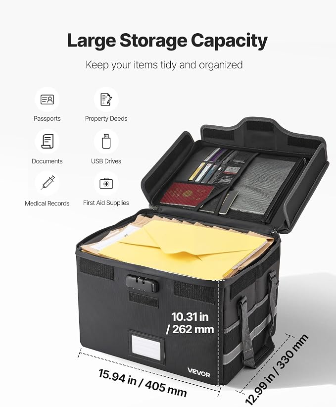 VEVOR Fireproof Document Box, 1832 ℉ Heat Insulated Fireproof & Waterproof Box with Lock, Portable File Storage Security Organizer Home Office Travel Use, for Passports, Important Documents & Files