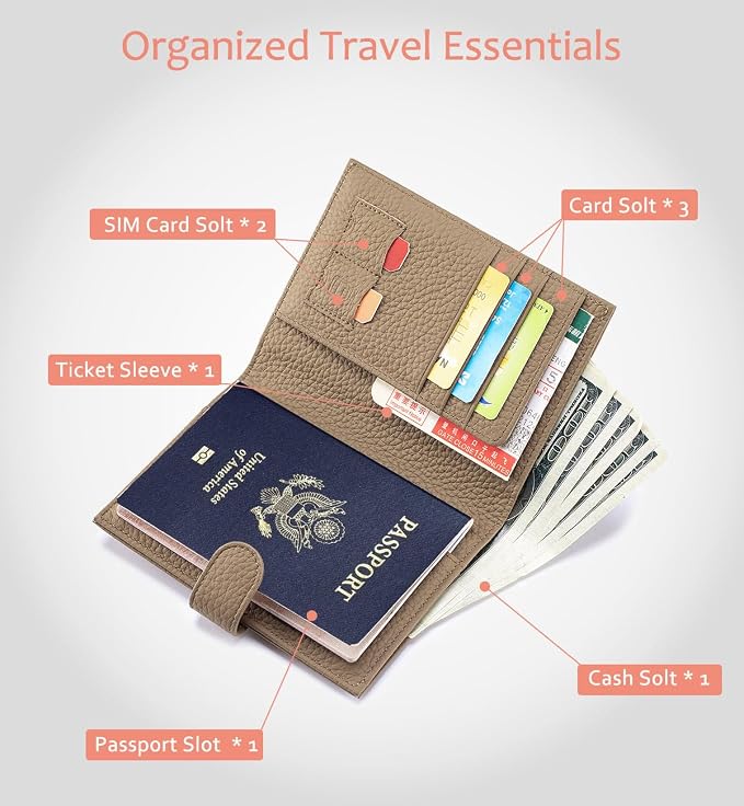 RFID Protection Passport Wallets for Women, Gift for Traveler | Slim Leather Travel Wallet with Card Slots, Zipper Coin Pocket & Cash Pocket, Passport Case for Women Apricot Beige