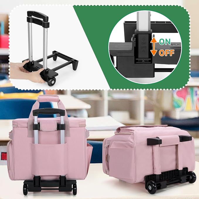 LUXJA Rolling Teacher Bag with Wheels and 15.6" Laptop Compartment, Pink | Rolling Briefcase for Women with Accordion File Area, Teacher Tote Bag for Work with Detachable Dolly and Shoulder Strap