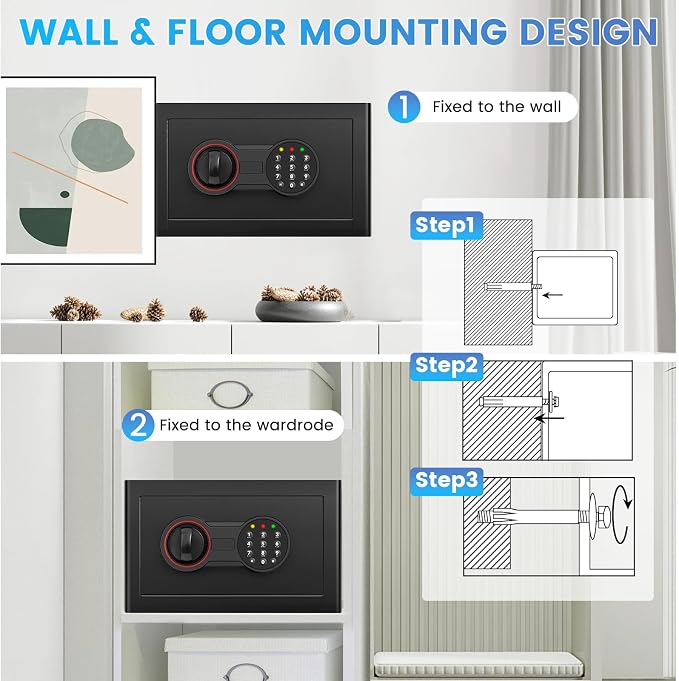 Small Safe for Home, 6.69"H Safe Box with Fireproof Waterproof Bag | Money Safe with Alarm System, Sensor LED Light, Wall/Floor Mountable, Hidden Safes for for College Dorm Room