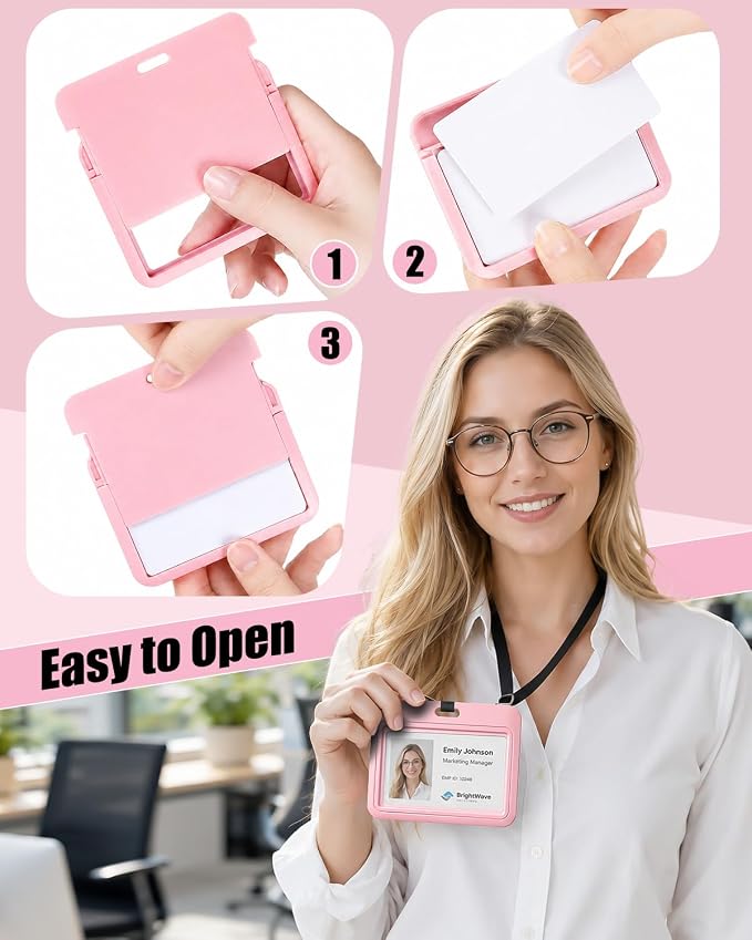 Uniclife 3 Pack Sliding ID Badge Holder Pink Horizontal Hard Plastic Case with Clear Window Card Protector Pouch for Office School ID Credit Cards Proximity Key Cards Driver’s Licenses and Passes