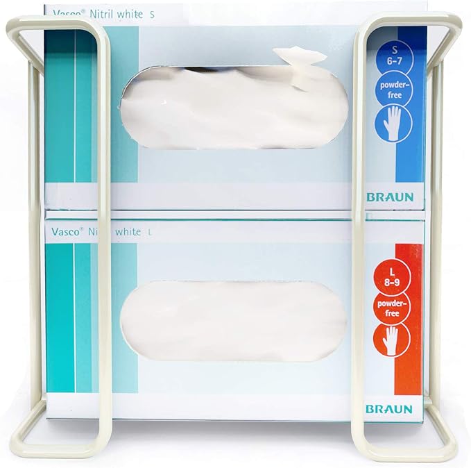 Glove Box Holder Wall Mount Dispenser for 2 Boxes, Powder Coated Metal Rack for Disposable Gloves and Tissue, Organizer for Kitchen, Lab, Garage, Hardware Included, White - Safety Supply Mart
