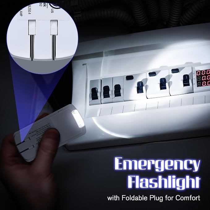 Enhon Emergency Power Failure Night Lights, 5-in-1 Multi Color LED Light, Rechargeable Flashlight with Foldable Plug, Automatic On Off Motion Sensor for Bedrooms, Hallways, Black Outs(2 Pack)