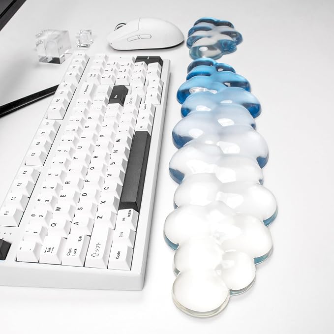 Ergonomic Gel Cloud Keyboard and Mouse Wrist Rest Set – Clear Wrist Rest for Computer Keyboard 60%/68%/75%, Comfort & Support for Typing and Gaming (White Blue)