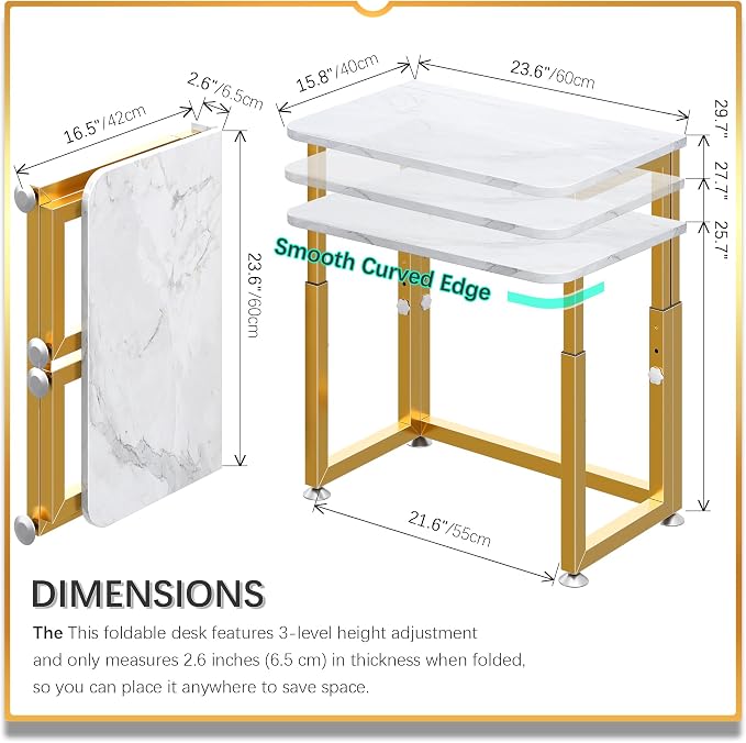 4NM No Tool Assembly 23.6" Small Desk, Folding Portable Desk with Wheels, Adjustable Height Foldable Computer Home Office Desks, Collapsible Study Writing Table for Space Saving Bedroom - White Gold