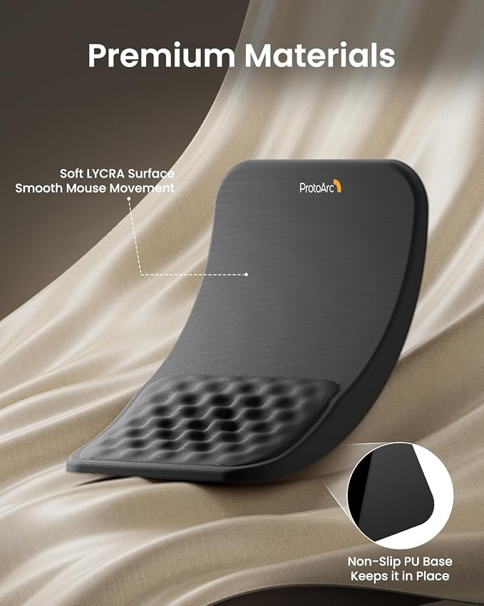 ProtoArc MP50 Ergonomic Mouse Pad with Wrist Support, Lycra Surface, Black | 8° slope & massage points, soft memory foam, Large 12x8 Inches, Non-slip base. Relieves wrist strain for office & home