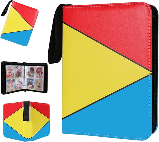 Collectible Trading Card Albums,4 Pocket Card Binder, 400 Double Sided Pocket PU Premium Zip Trading Collection Binderwith 50 Removable Sleeves, Card Folder forTCG, Sports Cards (Red&Yellow& Blue)