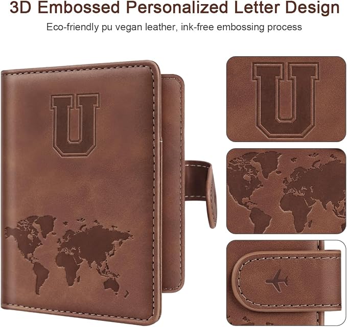 Passport Holder Wallet Cover Personalized Initial Travel Essentials | Embossed Letter A-Z Design, Travel Wallets, RFID Blocking, Passport Book Holders, Women and Men, Personalized Gifts, Brown-U
