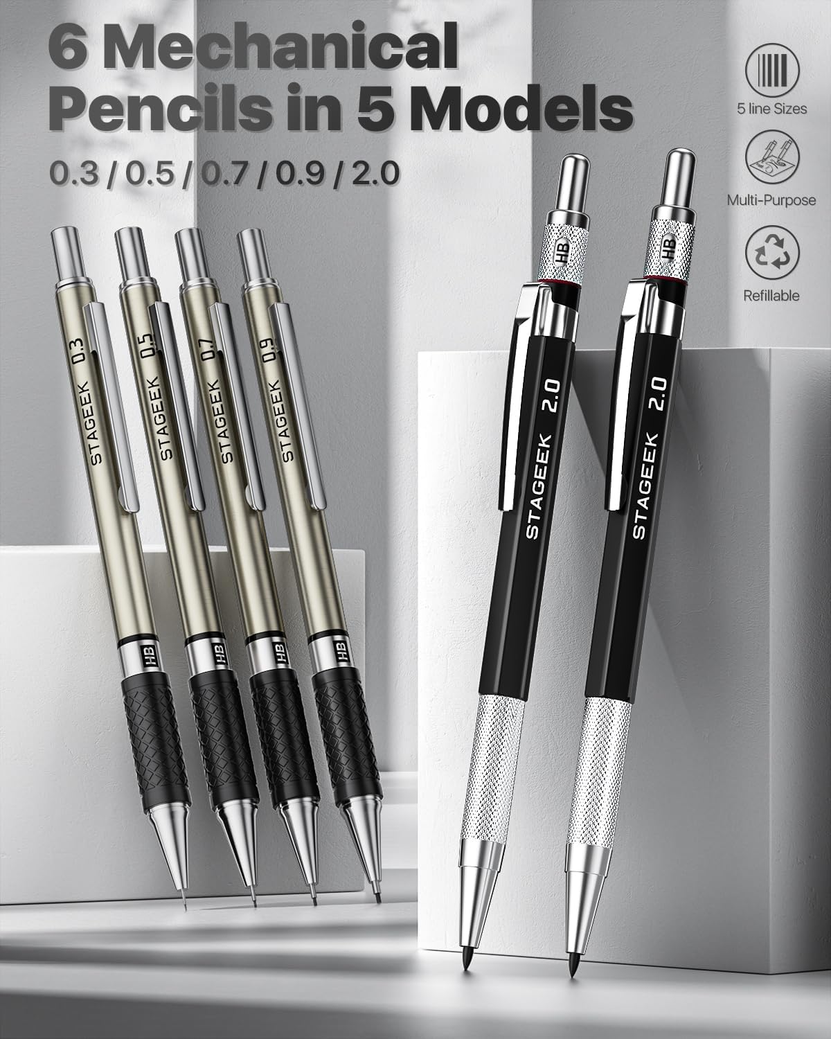 37PCS Art Mechanical Pencil Set, Drafting Pencil 5 Sizes- 0.3, 0.5, 0.7, 0.9MM & 2PCS 2.0MM Mechanical Drawing Pencils with 492PCS Leads (6B 4B 2B HB 2H 4H Color) for Artist Sketching Drawing