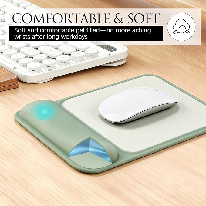 JIKIOU Ergonomic Mouse Pad with Gel Wrist Rest, 10 x 7.25 in, Green | 40% Larger Rectangular Design-No More Hitting Edges Mid-glide, Savior of Pain Relief, Smooth Lycra Surface, Non-Slip PU Base