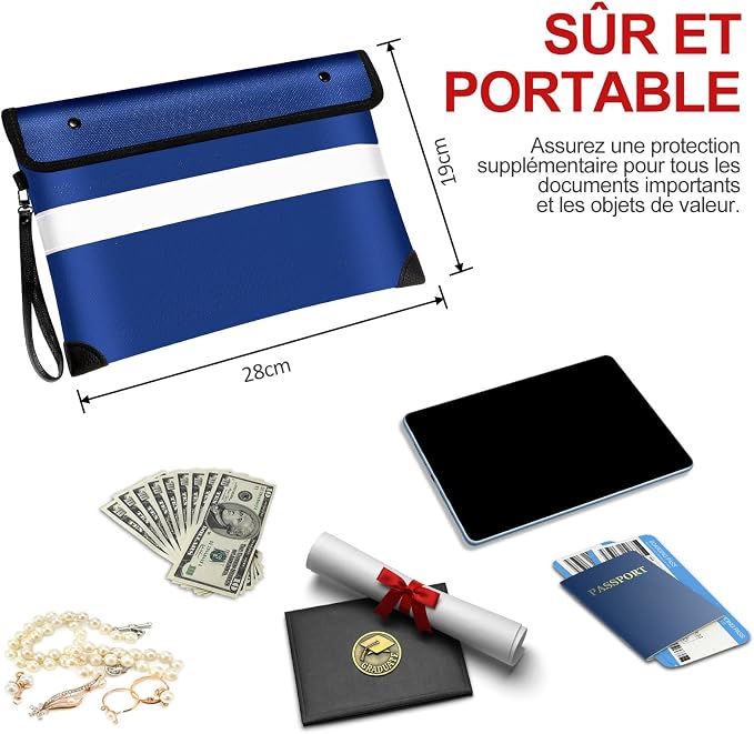 Vailoin 6200°F Fireproof Money Bag, 8 Layers of Heat Insulated Materials | Double-sided Reflective Strip, Waterproof Zipper,Certified to SGS UL94 V-1, for Tablet, Cash, A5-sized documents（Blue）