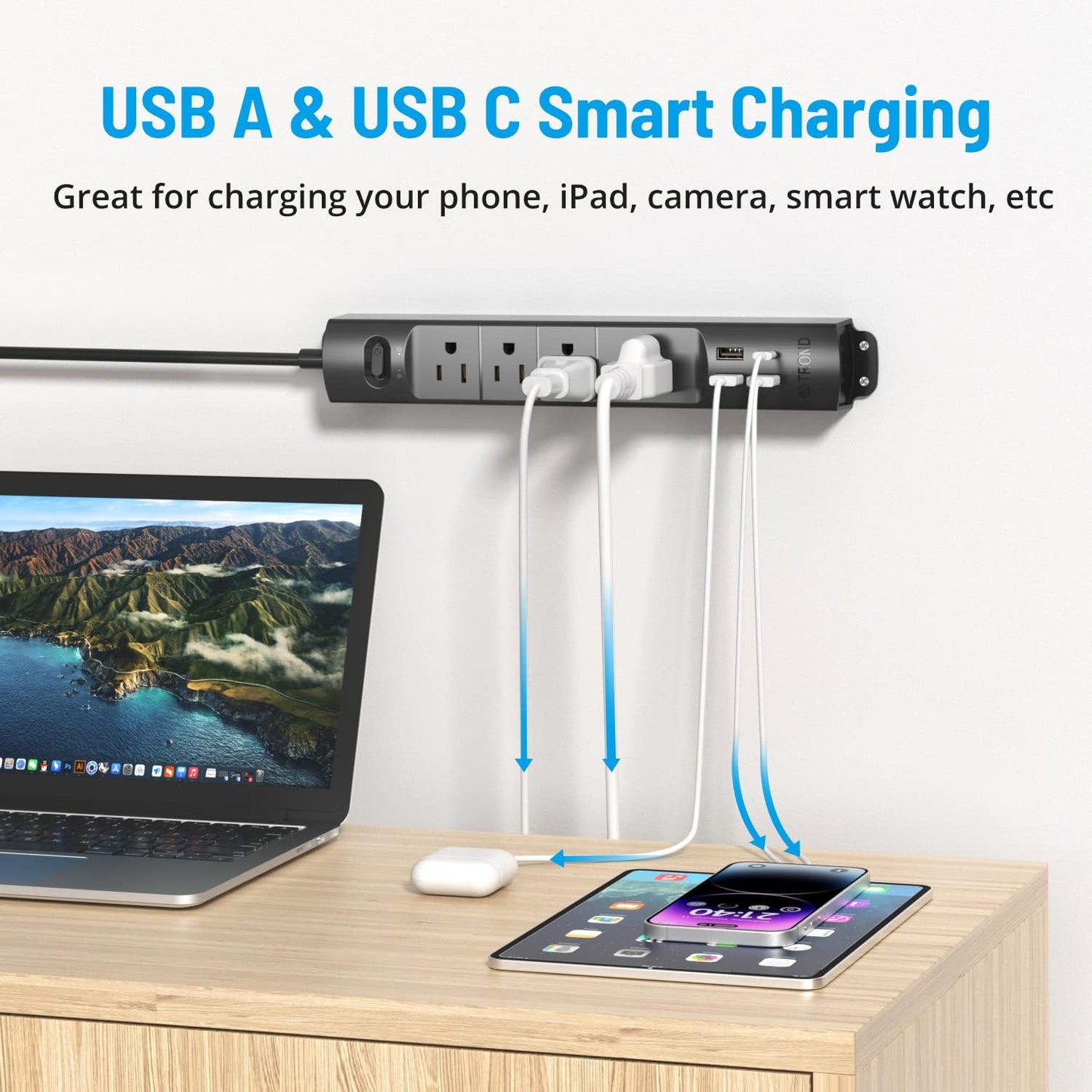 TROND Surge Protector Power Strip with USB, Ultra Thin Flat Plug 10ft Long Extension Cord 1625W, 3 USB A & 1 Type C, 4 AC Outlets 1440J Surge Protection Wall Mount for Home Office Dorm Room, Black