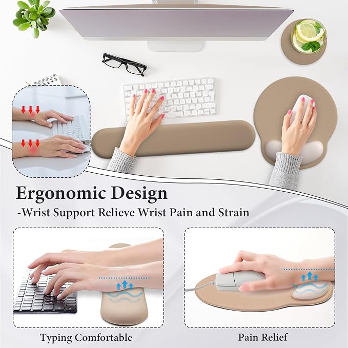3 in 1 Ergonomic Mouse Pad and Keyboard Wrist Rest with Coaster Set-Brown | Cute Large Mousepad with Gel Wrist Support for Gaming Computer Laptop Women Office Home Desk Decor