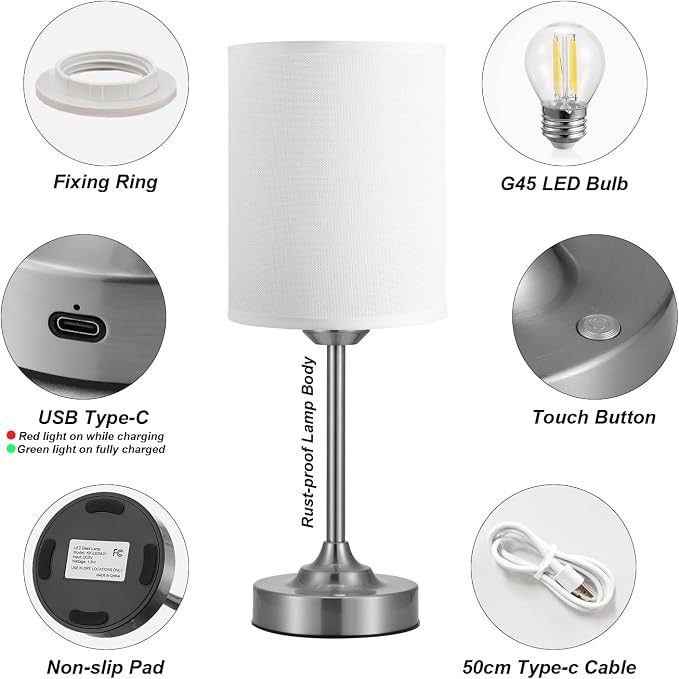 Touch Control Cordlss Table Lamp, USB-C Rechargeable Lamp with Stepless Dimming, 4000mAh Battery Operated Bedside Lamp for Bedroom, Living Room, Night Light & Emergency Lighting, Silver, 1 Pack