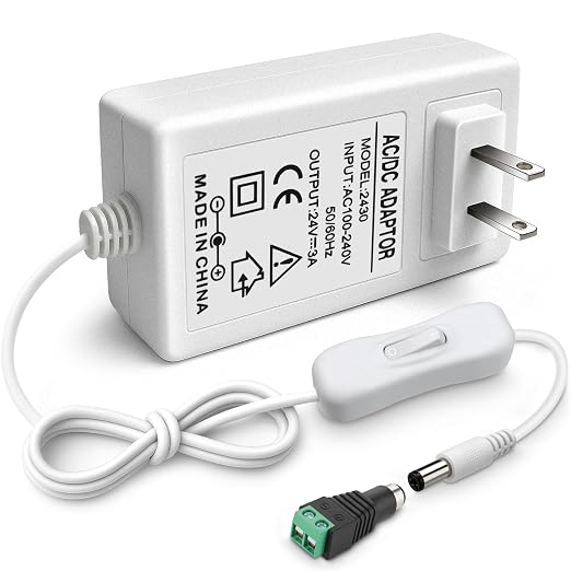 24V 3A Power Supply 72W, 24 Volt DC Power Adapter with On/Off Switch, 110V AC to 24V Transformer Plug with 5.5x2.1mm DC Female Connector for LED Strip Lights