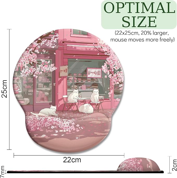 LIMKRIAN Cat Ergonomic Mouse Pad with Wrist Rest, Pink Cherry Blossom Computer Mouse Pad Wrist Support with Non-Slip Pain Relief PU Base, Cute Office Desk Decor Accessories Japanese Dessert House