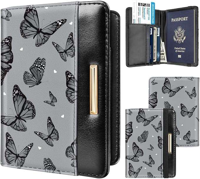 Coco Rossi Passport Holder for Travel Women Slim RFID Passport Cover Wallet | Travel Essentials, Passport Book Holders, Passport Wallet Cover Case, PU Leather, Cute, Thin, Spliced Design, Black Butterfly