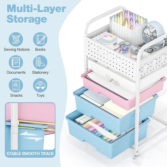 4 Drawer Rolling Storage Cart with Pegboard Top and Hooks, Pink&Blue | Mobile Organizer Cart with Wheels for Office Supplies, Craft Storage, Classroom Organization, Home Utility Cart