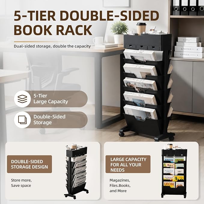 5 Tier Rolling Book Cart Multi-Functional Movable Storage Bookshelves | rolling bookshelf,Movable Storage Bookshelves with Lockable Wheels for Study Office Library Classroom,
