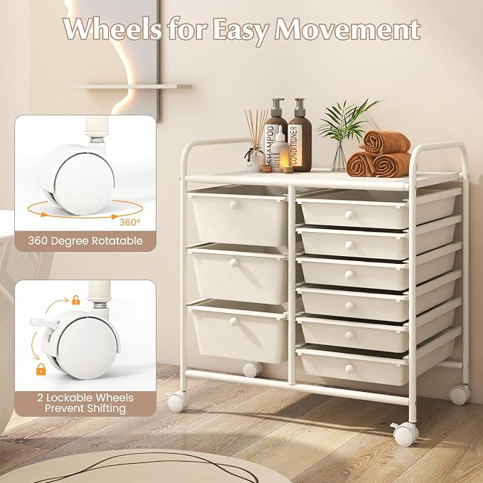 9 Drawer Rolling Storage Cart, Rolling Cart with Drawers for Classroom, Art Supply Craft Organizer on Wheel with Metal Frame & Handles for Home Office School