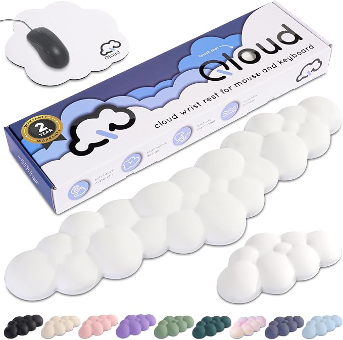 Cloud Keyboard Wrist Rest – Create-ables Qloud Cloud Wrist Rest for Computer Keyboard and Mouse, Ergonomic Memory Foam Wrist Pad with Non-Slip Base, Includes Cloud Mouse Pad – White