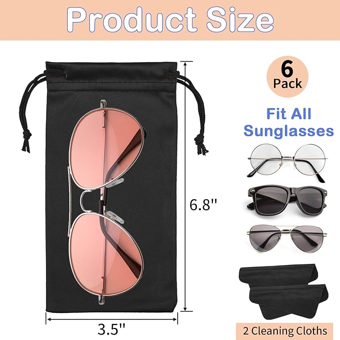 6 Pcs Premium Microfiber Sunglasses Pouch Bag, Glasses Case Soft Multicolor | With 2 Cleaning Cloths, Drawstring Storage Pouch for Phone, Eyeglass Holder, Eyewear