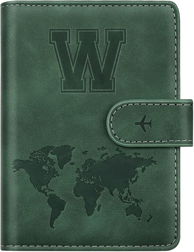 Passport Holder Wallet Cover Personalized Initial Travel Essentials | Embossed Letter A-Z Design, Travel Wallets, RFID Blocking, Passport Book Holders, Women and Men, Personalized Gifts, Green-W
