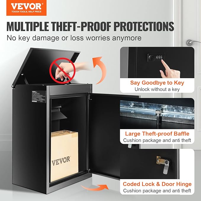 VEVOR Parcel Drop Boxes for Outside 15.4" x 10.6" x 20.5", Galvanized Steel Wall Mount Mailbox with Coded Lock, Anti-Theft Baffle, IPX3 Waterproof Lockable Large Mailbox for Porch, Curbside