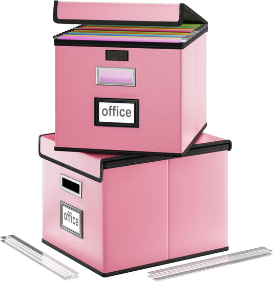 Huolewa Portable Leather File Organizer Storage Boxes, Collapsible File Folder Organizer Boxes with Lids, Document Organizer, Decorative Filing Box Cabinet for Letter/Legal File Folder Storage