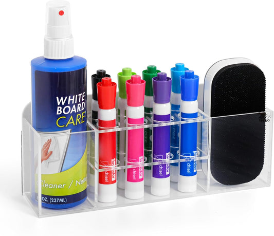 Strong Magnetic Dry Erase Marker Holder for Whiteboard, 8-Slot Acrylic Pen Organizer with Glass and Wall Mount Accessories for Fridge, Office, and Classroom. Markers, Eraser, Cleaner Not Included
