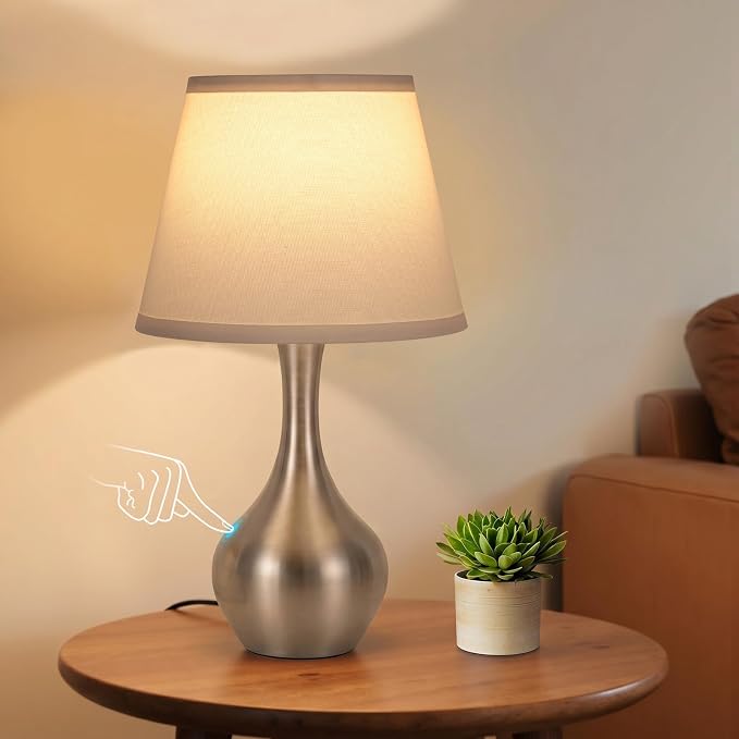 16.1" Touch Table Lamp for Nightstand, 3 Way Dimmable Small Bedroom Lamp | Touch Control, Bulb Included, Silver Bedside Lamps for Desk, Night Stands, Living Room, End Table, Corded