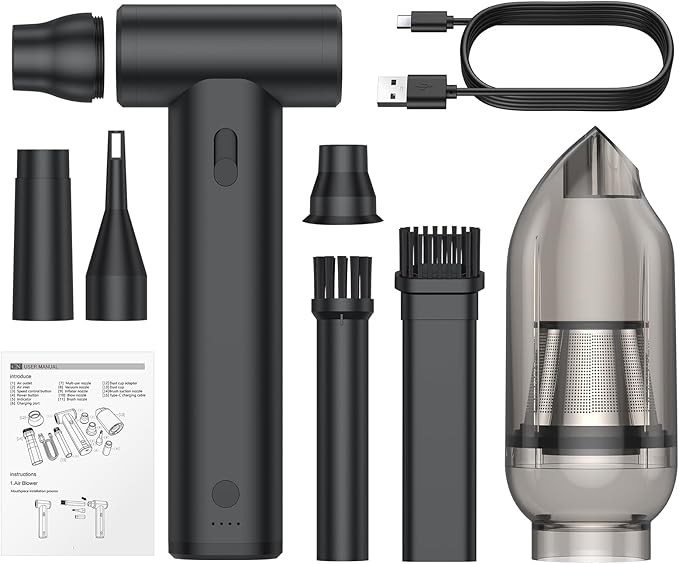 JiGiU 2 in 1 Electric Air Duster and Mini Vacuum 125000rpm Air Blower Compressed Air Duster Cordless Air Blower Electric Duster with 4 Nozzles for Keyboard Car Electric Devices Cleaning