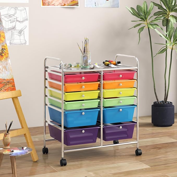 COSTWAY 12-Drawer Rolling Storage Cart, Moveable Art Craft Organizer | Lockable Wheels, Metal Shelf, Files Arrangement Tools Makeup Storage Cart for Office, Home, School (Rainbow)