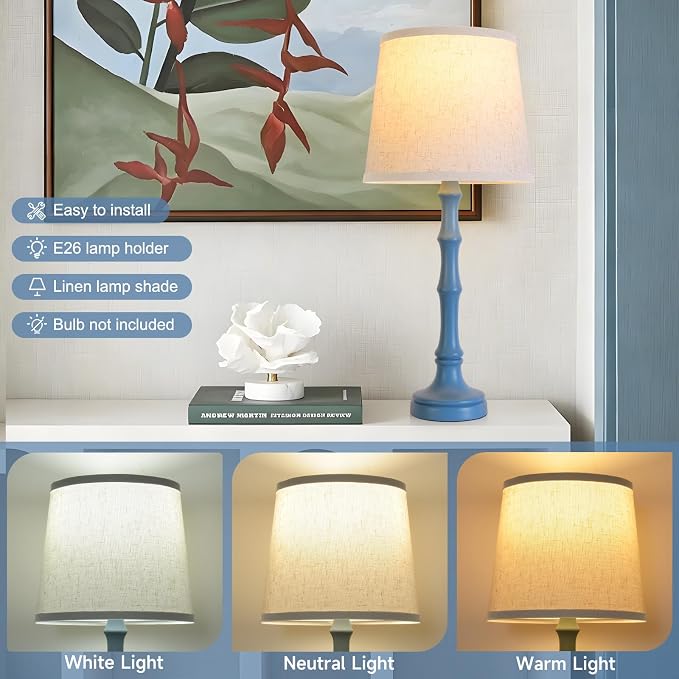 Lamps Set of 2 Modern Farmhouse Table Lamp Bedside Reading Lamps Living Room End Tables Set Lamps for Night Stands Bedroom Night Lamp,High 26.25 Inch,blue,With Fabric Lamp Shade,Bulb Not Included