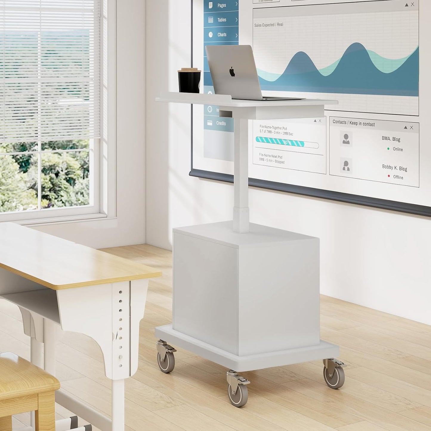 Natwind Mobile Workstation, Rolling Laptop Cart with Large Surface & Pneumatic Height Adjustable Design, for Medical Hospital Clinics, Office Presentation, Teachers Podium, with Drawer & Open Cabinet