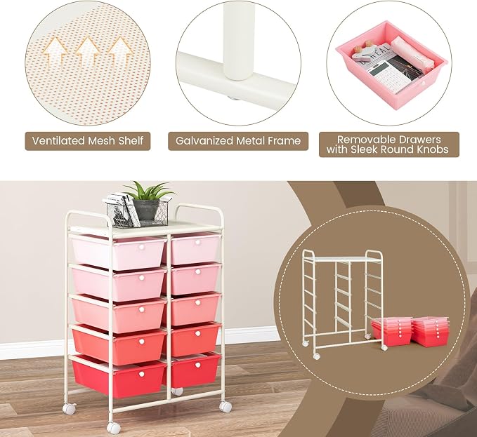 COSTWAY 10 Drawer Rolling Storage Cart, Utility Cart with Lockable Wheels | Mobile Art Supply Craft Organizer with Metal Frame, Multipurpose Drawer Cart for Paper for Office, School, Mixed Pink