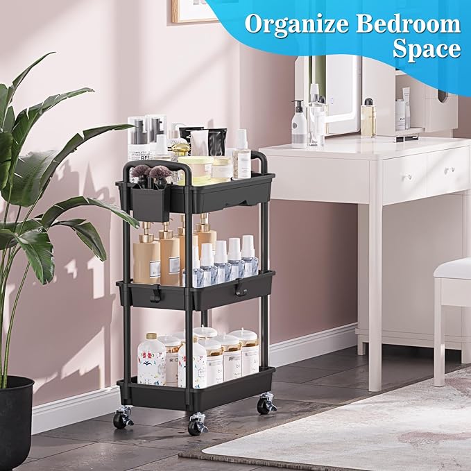 SUNALLY 3 Tier Rolling Cart with Drawer, Craft Storage Cart Organizer,Black | Bathroom Storage Organizer with 2 Lockable Wheels, Rolling Utility Cart for Kitchen, Office, Baby, Makeup, Nail,Snack,Laundry