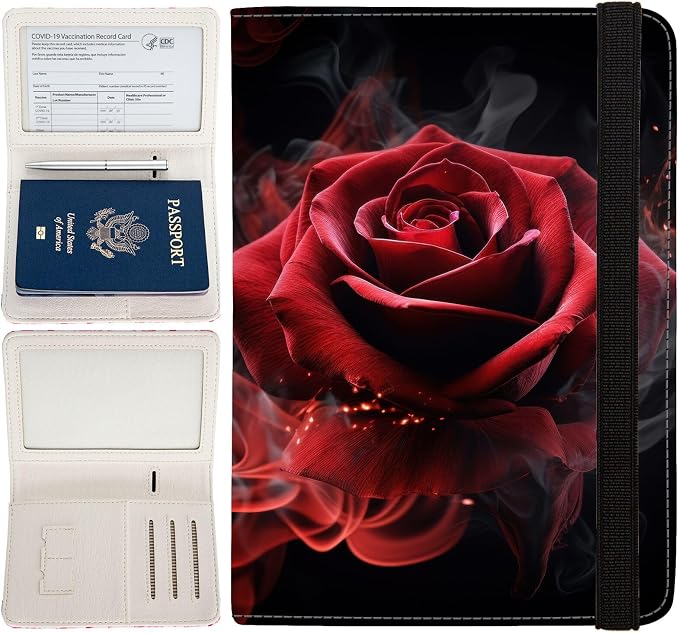 Passport Holder,Cute Passport Cover,Travel Wallet with Credit Card Slots Rfid passport Wallet Waterproof Documents Organizer Women Men (Red rose)