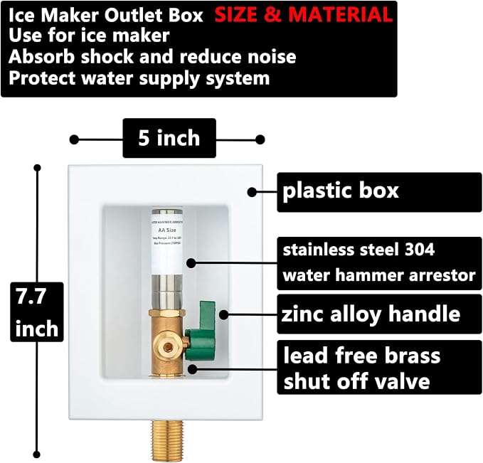(1 Pack) Lidertik 1/2 NPT Thread or Sweat Pre-Assembled Ice Maker Outlet Box Valve 1/4 inch Recessed Refrigerator Water Line Wall Box with Shut Off Valve and Stainless Steel Water Hammer Arrestor 611