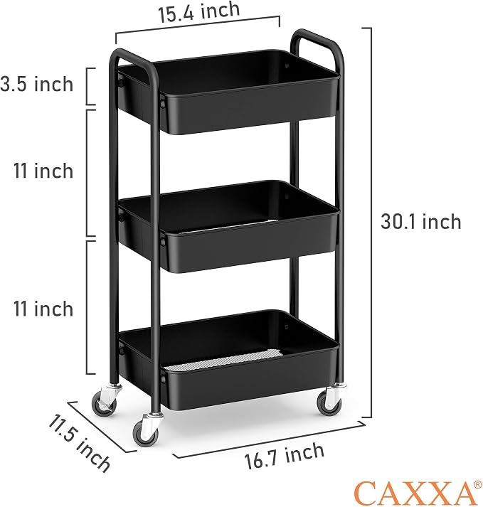 3-Tier Rolling Metal Storage Organizer - Mobile Utility Cart, Kitchen Cart with Caster Wheels (Black)