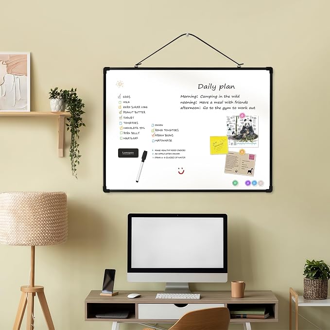 Dry Erase Board for Wall, 24" x 18" Double-Sided Hanging Magnetic Whiteboard with 6 Markers, 6 Magnets and 3 Mini Sticky Notes, Presentation Board for School, Home, Office, Black Frame