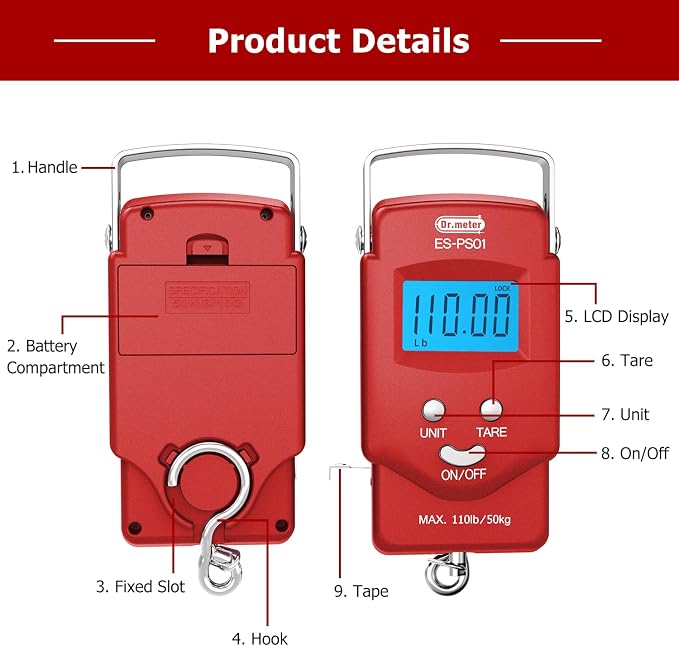 Dr.meter Fish Scale, 110 lb Digital Luggage Scale with Tape | 110 lb Capacity, Backlit LCD, Built-In Tape, Includes 2 AAA Batteries, Compact Pocket Size