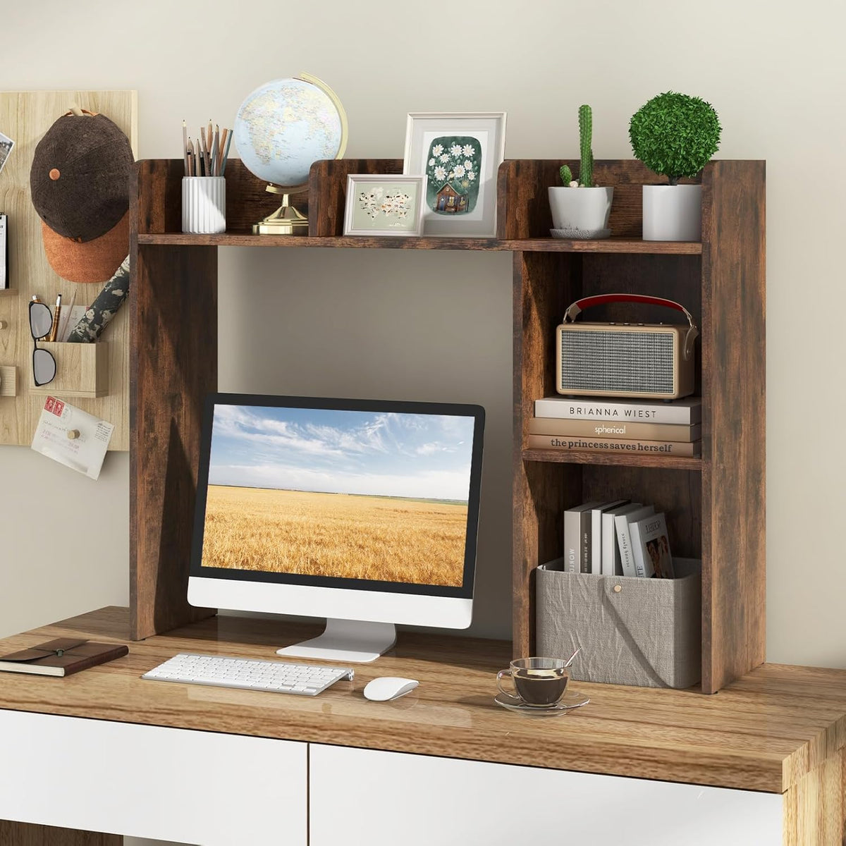 Desk Hutch, Desktop Shelf with 5 Shelves, Desk Bookshelf w/Anti-Toppling Devices, Wood Table Top Bookshelf Organizer, Small Desk Shelf for Study, Office, Dorm (Rustic Brown, 5 Shelves)