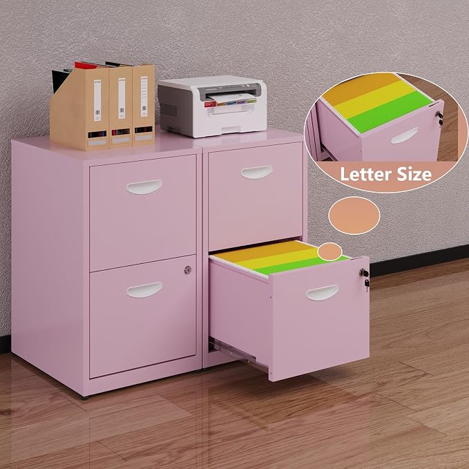 Polup 2 Drawer File Cabinet with Lock, Metal Filing Cabinet for Home Office | Small Locking Cabinet for Under Desk Storage, Printer Stand, Fits Letter Size, Pink, 26"H x 15"W x 18"D, Easy Assembly