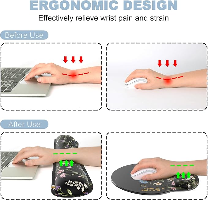 Ergonomic Mouse Pad with Wrist Rest and Keyboard Wrist Rest, Mousepad | Memory Foam Wrist Rest for Computer Keyboard, Pain Relief, Non-Slip Base, Black Mouse Pad Wrist Support for Gaming, Floral