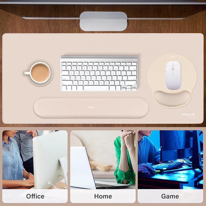 MOSISO Wrist Rest for Mouse Pad Set, Large Gaming Deskpad, Apricot | Circle Curved Mousepad&Keyboard Wrist Rest&Coaster, Ergonomic Non-Slip Mousepad&Easy Typing Pad with Silicone Lining