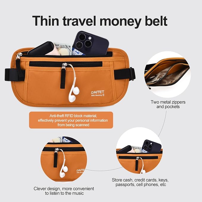 RFID Blocking Money Belt for Men Women, Slim Fanny Pack for Travel，Running,Conceal Waist Wallet for Passport Holder,Phone,Cash(Brown Orange)