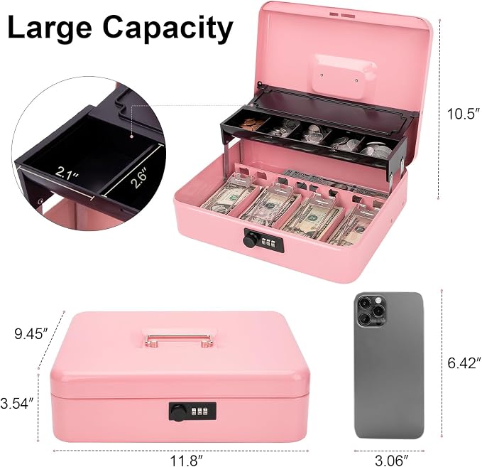 Jssmst Locking Metal Cash Box with Coin Lid, 11.8L x 9.5W x 3.5H Inches, Safe Money Box with Combination Lock, Pink, SM-CB0516P