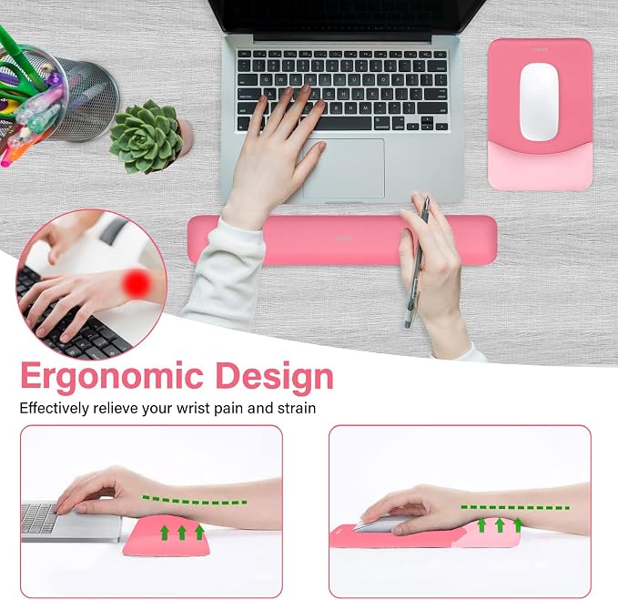 MOSISO Wrist Rest Support Mouse Pad & Keyboard Set, Melon Pink | Rectangular Ergonomic Mousepad, Non-Slip Base, Home/Office Pain Relief & Easy Typing, Neoprene Cloth & Raised Silicone Lining